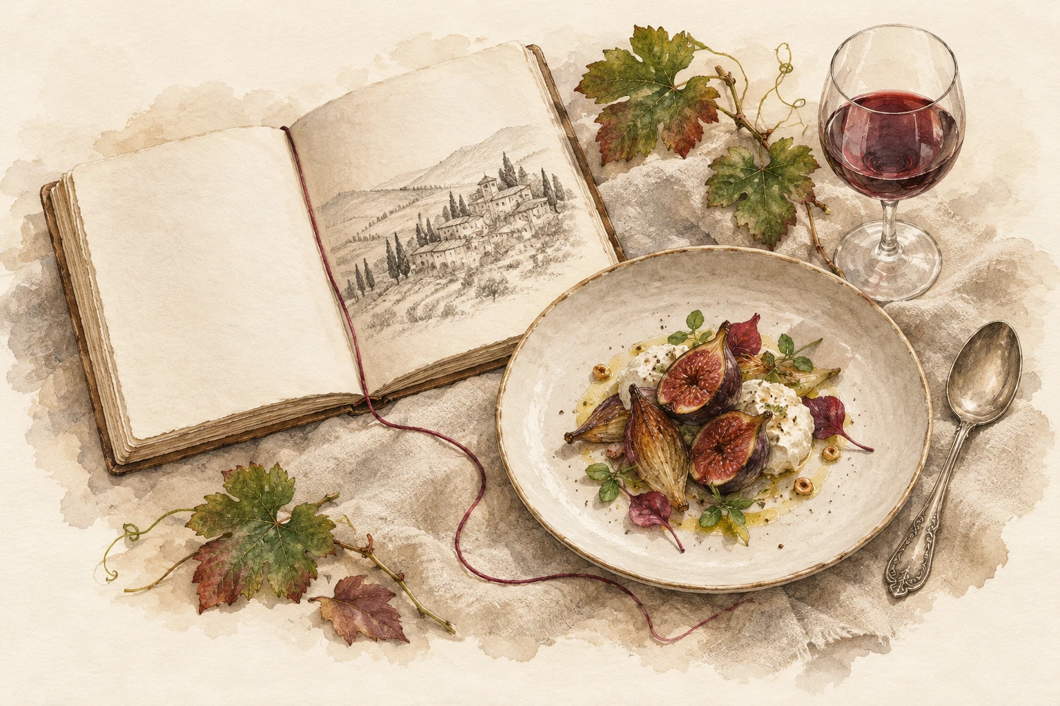 Illustration à l’encre et à l’aquarelle : un carnet ouvert, une assiette et un fil bordeaux qui les relie.