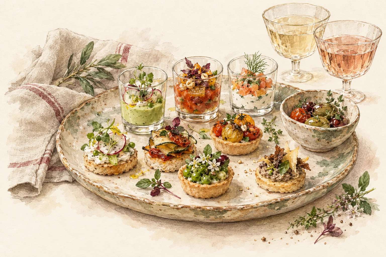 Illustration de bouchées salées, de tartelettes et de petites verrines présentées sur un plateau en céramique.